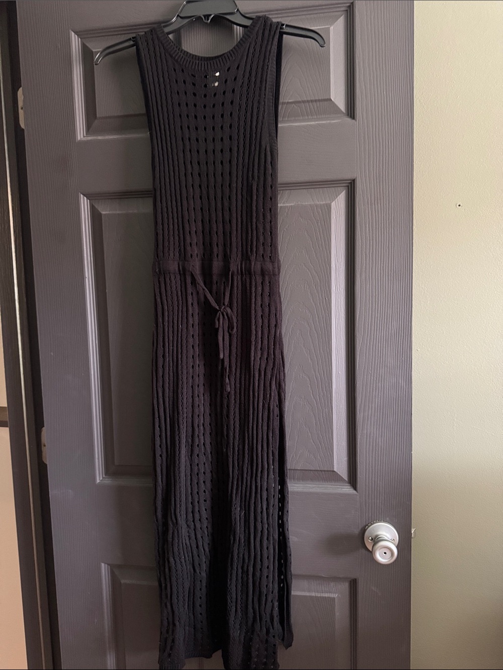 Black Sleeveless Knit Maxi Swim Coverup with Waist Tie